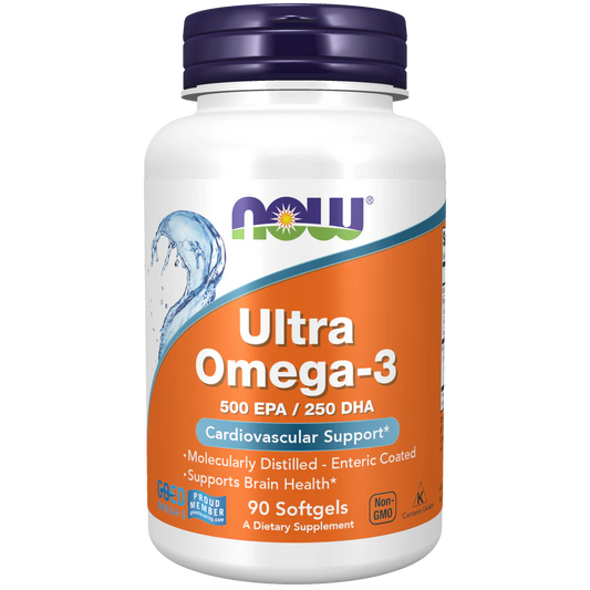 Ultra Omega-3, Concentrado de Aceite de Pescado con 500 mg de EPA y 250 mg de DHA de NOW Foods | Apoyo Cardiovascular y Función Cerebral | 90 Cápsulas Blandas Entéricas