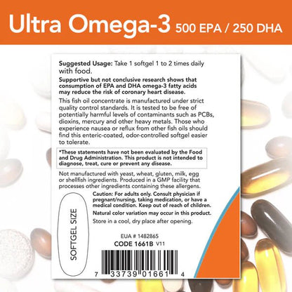 Ultra Omega-3, Concentrado de Aceite de Pescado con 500 mg de EPA y 250 mg de DHA de NOW Foods | Apoyo Cardiovascular y Función Cerebral | 90 Cápsulas Blandas Entéricas