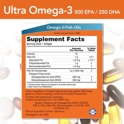 Ultra Omega-3, Concentrado de Aceite de Pescado con 500 mg de EPA y 250 mg de DHA de NOW Foods | Apoyo Cardiovascular y Función Cerebral | 90 Cápsulas Blandas Entéricas