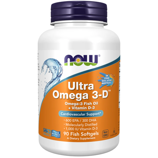 Omega-3 con Vitamina D-3 NOW Ultra Omega 3-D 600 mg EPA - 300 mg DHA | Apoyo Cardiovascular | 90 Cápsulas Blandas