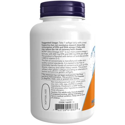 Omega-3 con Vitamina D-3 NOW Ultra Omega 3-D 600 mg EPA - 300 mg DHA | Apoyo Cardiovascular | 180 Cápsulas Blandas