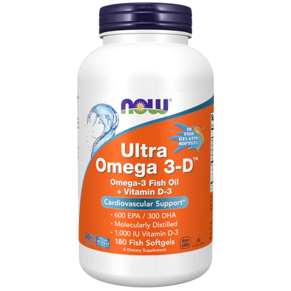 Omega-3 con Vitamina D-3 NOW Ultra Omega 3-D 600 mg EPA - 300 mg DHA | Apoyo Cardiovascular | 180 Cápsulas Blandas