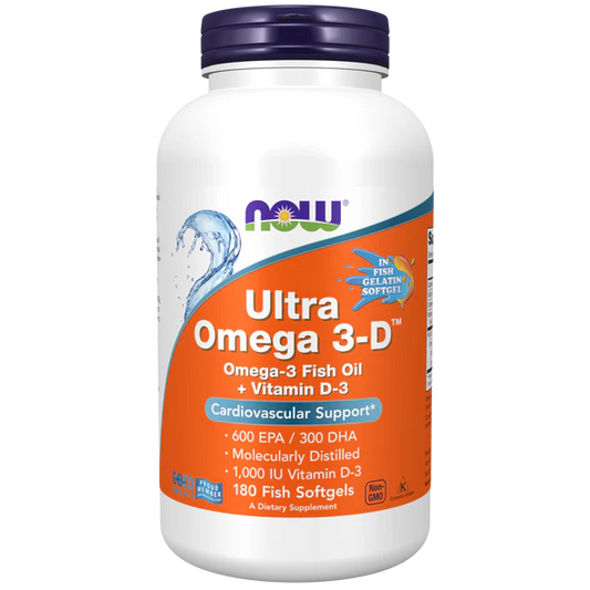 Omega-3 con Vitamina D-3 NOW Ultra Omega 3-D 600 mg EPA - 300 mg DHA | Apoyo Cardiovascular | 180 Cápsulas Blandas