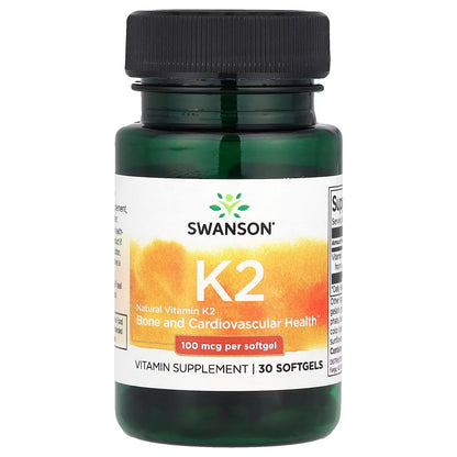 Vitamina K2 100 mcg de Swanson | Esencial para la correcta coagulación sanguínea y para prevenir la calcificación arterial, ayudando a mantener las arterias saludables | 30 cápsulas vegetales