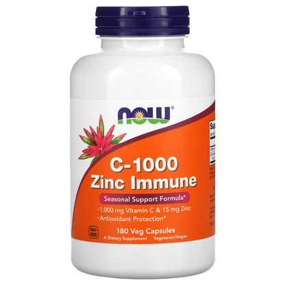 Vitamina C (1,000 mg) y Zinc (15 mg) NOW Foods para el Apoyo Inmunológico | 90 y 180 Cápsulas Vegetales