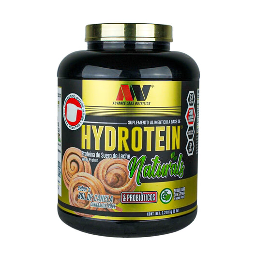 Hydrotein Naturals, Proteína de Suero de Leche con Creatina y Probióticos de Advance Labs Nutrition | Ganancia de Masa Muscular, Bienestar Digestivo | Sabor Canela, Café-Caramelo y Fresa-Plátano | 2.27kg