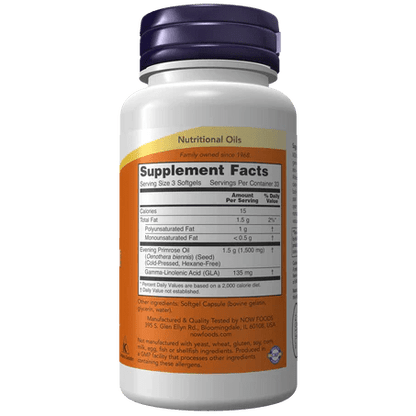 Aceite de Onagra 500 mg, Now| Contribuye al equilibrio hormonal femenino | 100 Cápsulas