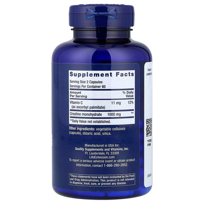 Creatina monohidratada 1000mg + Vitamina C 11mg de Life Extension | Fortalecimiento Muscular y Metabólico | 120 cápsulas vegetales