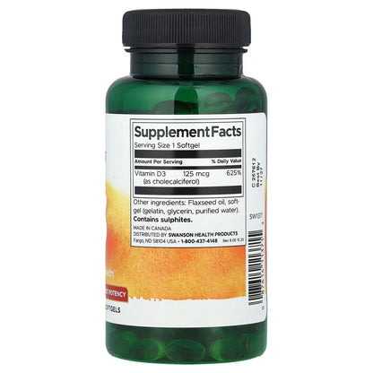 Vitamina D3 5000 UI 125mcg de Swanson | Apoya la absorción de calcio, asegurando que el cuerpo utilice eficientemente este mineral crucial para la función ósea | 250 cápsulas blandas vegetales