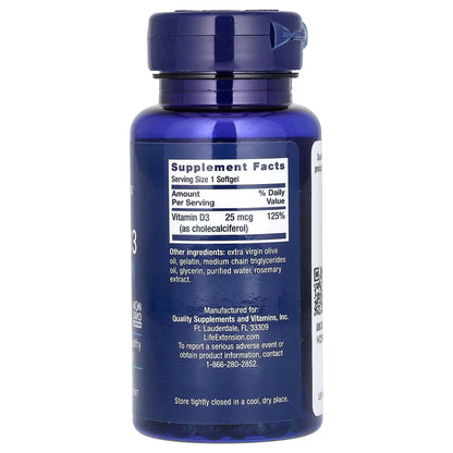 Vitamina D3 25mcg 1000 UI de Life Extension | Fortalecimiento de huesos, dientes y del sistema Inmunológico | 250 cápsulas blandas