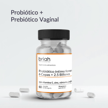 Probiótico + Prebiótico Vaginal de Briah | Mezcla Probiótica 6 cepas 2.5 UFC | 60 cápsulas para 30 días