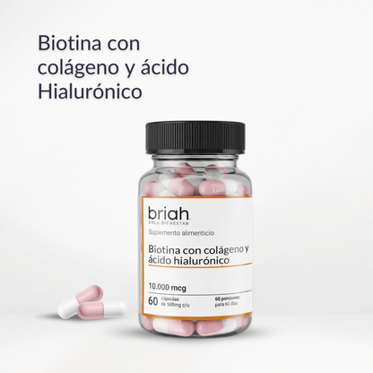 Biotina 10.000 microgramos por porción + colágeno + ácido hialurónico Briah | Crecimiento de cabello y uñas | 60 cápsulas