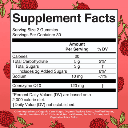 Coenzima Q10 120mg de Mary Ruth's |  Apoyo para la función Cardiovascular | 60 gomitas Sabor Frambuesa - 30 servicios