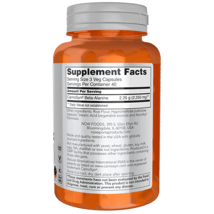 Beta Alanina de Now Foods 750 mg | Rendimiento y Recuperación | 120 cápsulas vegetales