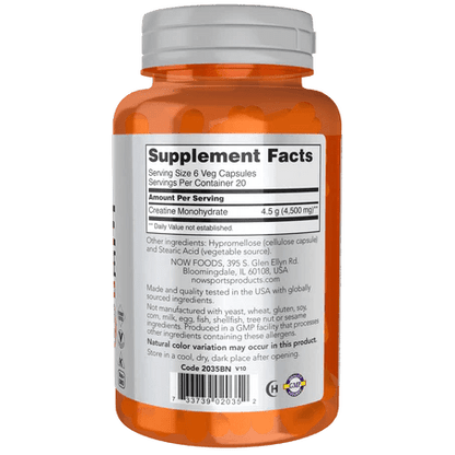 Creatina Monohidratada NOW Sports 750 mg  |  Mejora la fuerza y potencia muscular  | 120 cápsulas