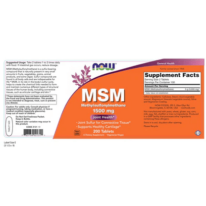 MSM 1500 mg de Now |  Producción de colágeno y queratina | 200 tabletas