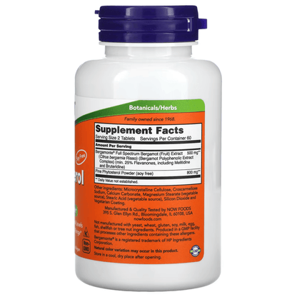 Colesterol Pro™ con Bergamota 500mg y Policosanol 10mg de NOW Foods | Apoyo Cardiovascular, Niveles Saludables de Colesterol, Sin Soya | 120 Tabletas Veganas