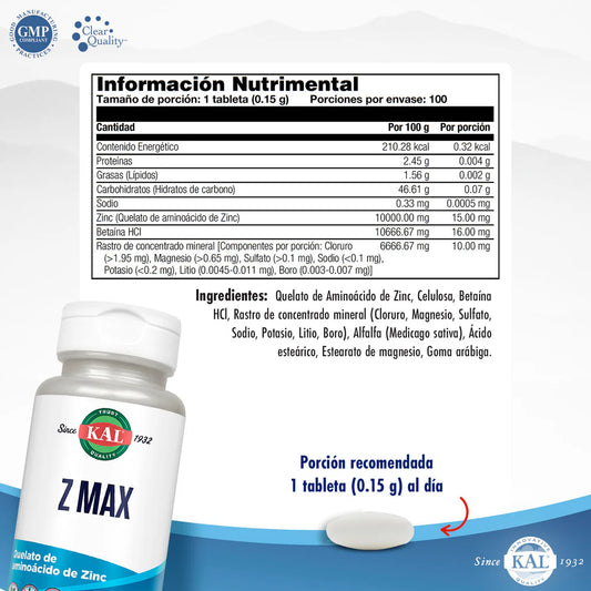 Z Max Quelato de Aminoácido de Zinc de KAL | Sistema inmunológico, Bienestar de la piel, Equilibrio hormonal, Antioxidante | 100 tabletas