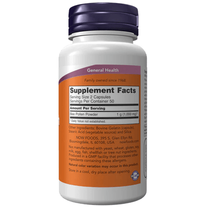 Polen de Abeja 500 mg de NOW Foods | Suplemento Nutricional Natural, Fuente Rica en Nutrientes y Antioxidantes | Apoya la producción de energía y el bienestar general | 100 Cápsulas Vegetales