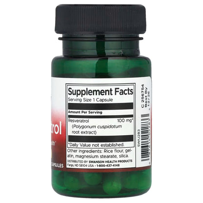 Resveratrol 100 mg de Swanson | Apoyo cardiovascular y proporciona potentes beneficios antioxidantes | 30 cápsulas vegetales
