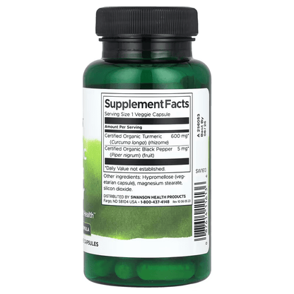 Cúrcuma y Pimienta Negra 605mg de Swanson | Apoyo cardiovascular y función de las articulaciones | 60 cápsulas veganas