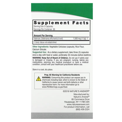 Raíz de Valeriana 1500mg de Nature's Answer | Promueve un sueño profundo y reparador que contribuye a la relajación | 90 Cápsulas Vegetales