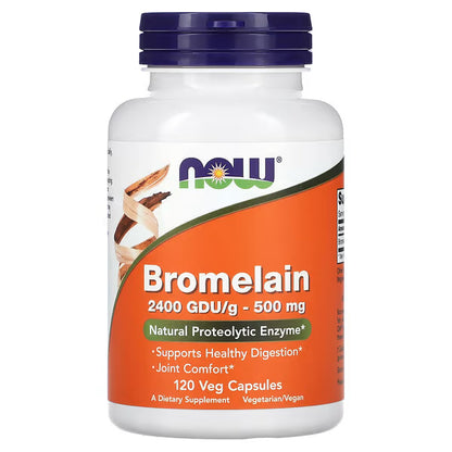 Bromelina 2400 GDU/g – 500 mg de NOW Foods | Enzima Proteolítica Natural, Apoya Digestión Saludable y Confort Articular | 60 y 120 Cápsulas Vegetales