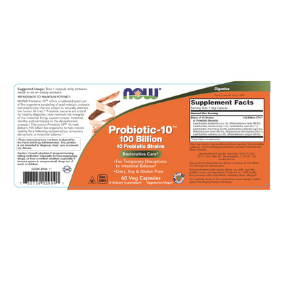 Probiótico 100 Mil Millones UFC con 10 Cepas Diferentes para el Cuidado Digestivo - NOW Foods | Libre de Lácteos, Soya y Gluten | 30 Cápsulas Vegetarianas