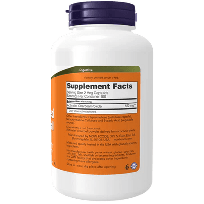 Carbón activado de Now | Detox Natural | 200 Cápsulas