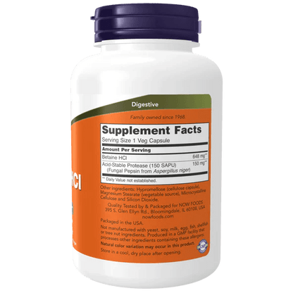 Betaína HCl 648 mg de NOW Foods | Soporte Digestivo, Fórmula Vegetariana | 120 Cápsulas Vegetales