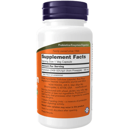 Bromelina 2400 GDU/g – 500 mg de NOW Foods | Enzima Proteolítica Natural, Apoya Digestión Saludable y Confort Articular | 60 y 120 Cápsulas Vegetales