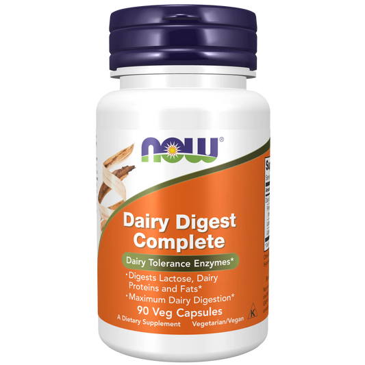 Enzimas Digestivas para Lácteos de Now Foods, Dairy Digest Complete | Ayuda a la digestión de la lactosa, proteínas y grasas lácteas | 90 Cápsulas Veganas