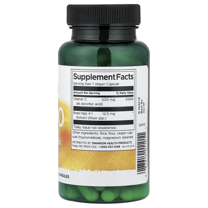 Vitamina C con rosa mosqueta 500mg de Swanson |  Refuerza el sistema inmune, ayudando al cuerpo a defenderse contra enfermedades e infecciones | 100 cápsulas vegetales