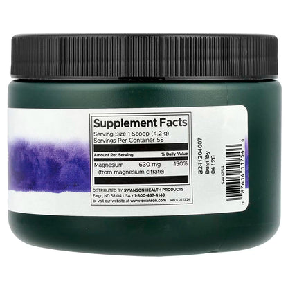 Citrato de Magnesio en Polvo 630 mg de Swanson | Promueve la relajación muscular, y ayuda en la absorción de calcio | 244g sin sabor