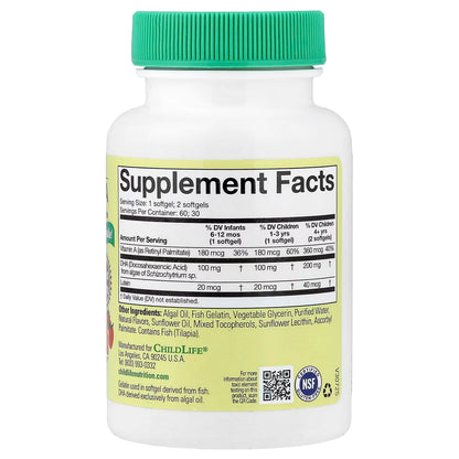 Alga DHA 100mg con Vitamina A 180mg y Luteína de Child Life | Apoya el desarrollo cognitivo en niños en crecimiento | 60 cápsulas blandas Sabor a Bayas