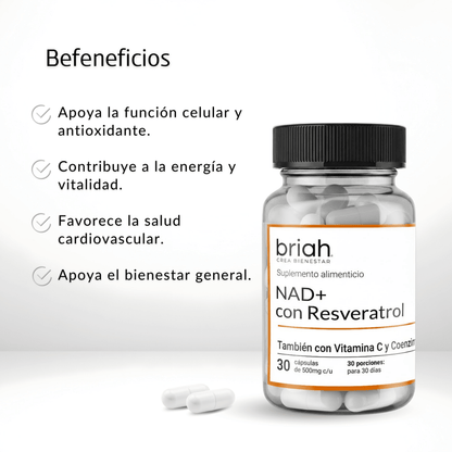 NAD+ con Resveratrol, Vitamina C y Coenzima Q10 de Briah | Protección Antioxidante | 30 cápsulas