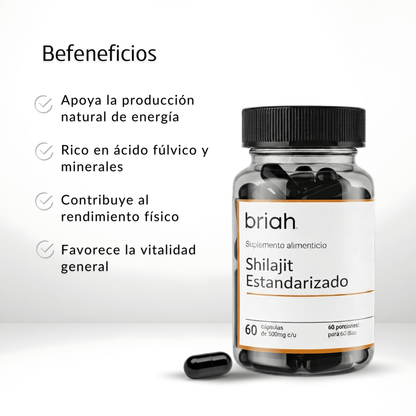 Shilajit estandarizado 500 mg de Briah | Vigor y Energía diaria para hombre| 60 cápsulas