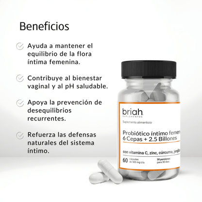 Probiótico + Prebiótico Vaginal de Briah | Mezcla Probiótica 6 cepas 2.5 UFC | 60 cápsulas para 30 días