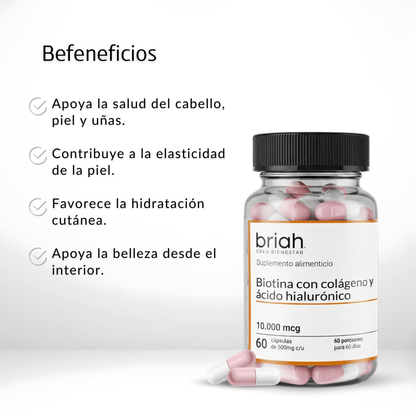 Biotina 10.000 microgramos por porción + colágeno + ácido hialurónico Briah | Crecimiento de cabello y uñas | 60 cápsulas