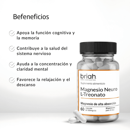 Magnesio Neuro  L- Treonato de Magnesio de Briah | Función cognitiva | 60 cápsulas blandas