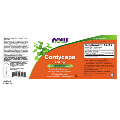 Cordyceps NOW Foods 750 mg| Apoya la función vascular y circulación saludable| 90 cápsulas