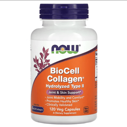 Colágeno BioCell Hidrolizado Tipo II 1,000 mg de Now Foods |  Favorece la flexibilidad de articulaciones, Apoya la hidratación de la piel  | 120 cápsulas vegetales