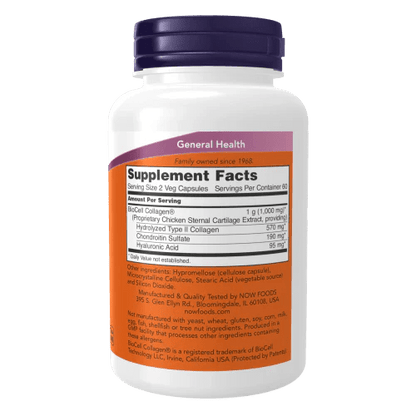Colágeno BioCell Hidrolizado Tipo II 1,000 mg de Now Foods |  Favorece la flexibilidad de articulaciones, Apoya la hidratación de la piel  | 120 cápsulas vegetales