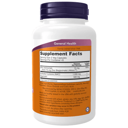 NAC 1.000mg, Quercetina 500mg y Zinc 15mg de Now Foods -  para Soporte Inmunológico y Respiratorio | 90 Cápsulas Vegetales