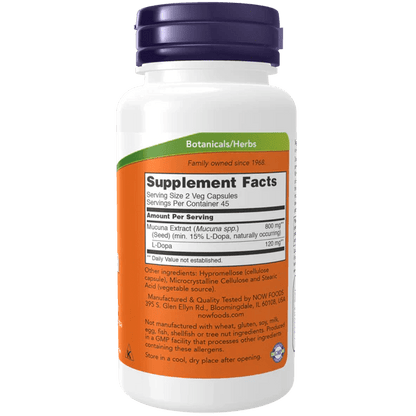 Extracto de Dopa Plus Estandarizado 800 mg con 15% L-Dopa de NOW Foods | Estimula la función cerebral | 90 Cápsulas Veganas