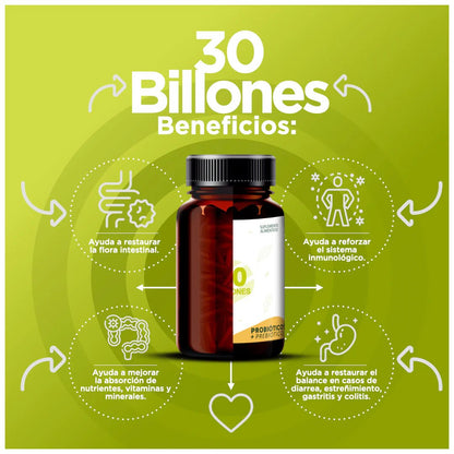 30 Billones Probióticos + Prebióticos con Vitamina C 426mg de Bioflora | Ayuda a restaurar la flora intestinal | 35 cápsulas ácido resistentes