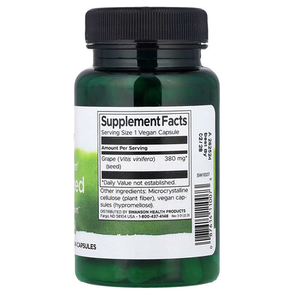 Semilla de Uva Espectro Completo 380mg de Swanson | Potente antioxidante para protección celular | 100 cápsulas vegetales