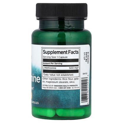 L-Metionina 100% pura 500 mg de Swanson | Soporte antioxidante para el organismo y detoxificación | 30 cápsulas vegetales