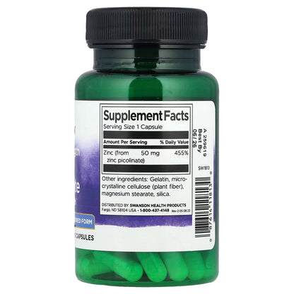 Picolinato de Zinc 22mg de Swanson | Ayuda a la cicatrización de la piel, promoviendo el metabolismo celular | 60 cápsulas vegetales