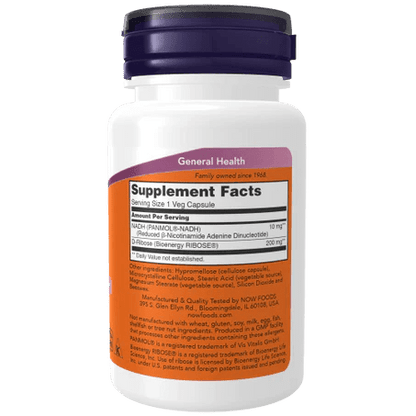 NADH 10 mg con D-Ribosa de Now | Favorece la producción natural de energía celular | 60 Cápsula